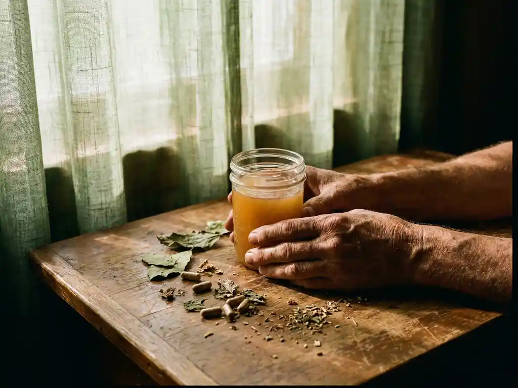 Vermoeid uitziende handen houden een klein glazen potje gouden gefermenteerde tonic vast op een houten keukentafel met gedroogde kruiden en supplementcapsules.