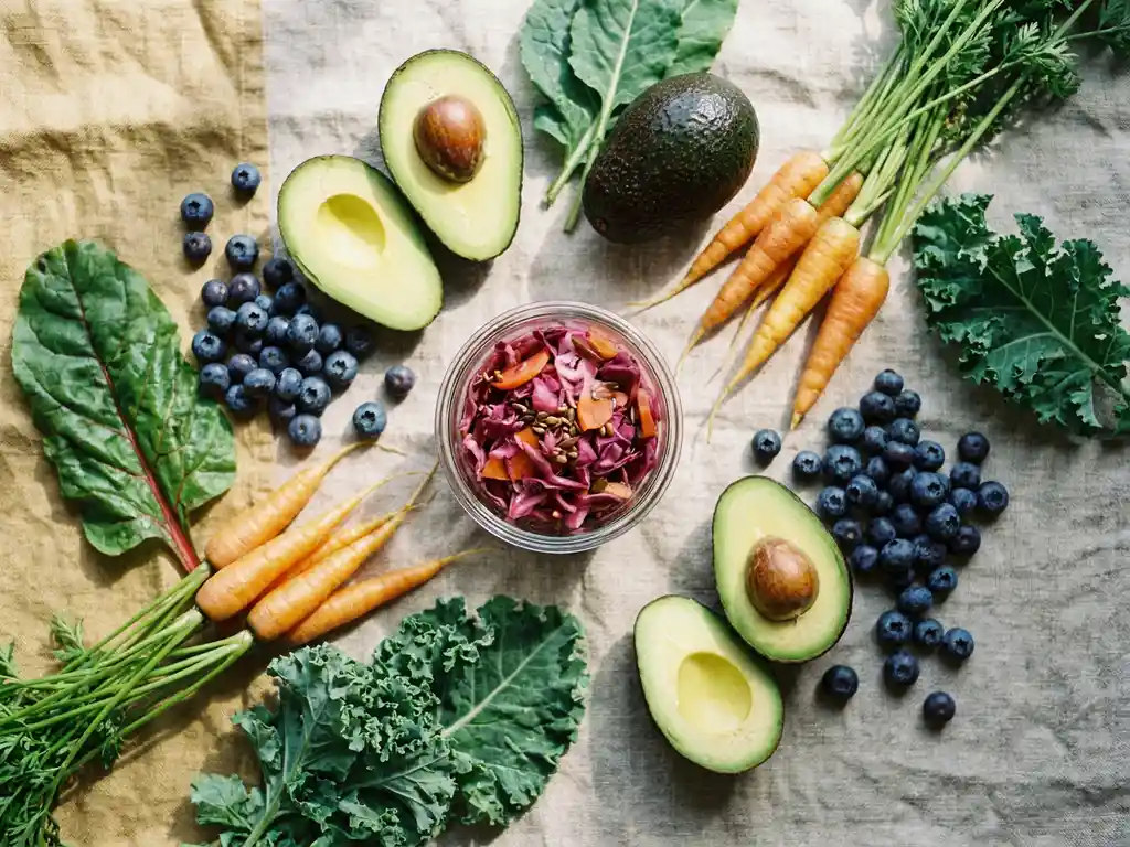 Kleurrijke flatlay van avocado, bosbessen, wortelen en bladgroenten op linnen, met een glazen schaaltje gefermenteerde ingrediënten in natuurlijk daglicht.