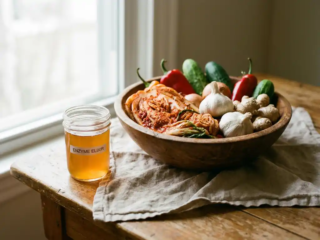 Houten kom gevuld met kimchi, knoflook en gemberwortel naast een glazen pot met gouden enzymen op linnen doek.