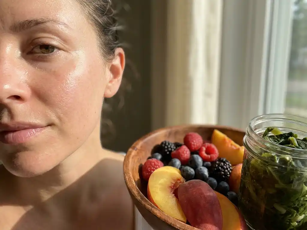 Vrouw met stralende huid naast een houten kom met vers fruit en gefermenteerde groenten in warm ochtendlicht.