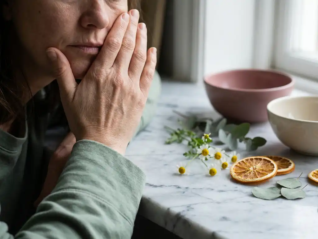 Vrouwenhand op vermoeide wang met fijne stresslijnen, omringd door kamille, citrus en groene bladeren op marmeren ondergrond.
