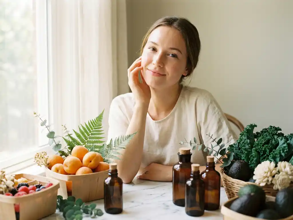 Jonge vrouw met stralende huid raakt haar jukbeen aan, omringd door vers fruit, bladgroenten en supplementen op wit marmer.