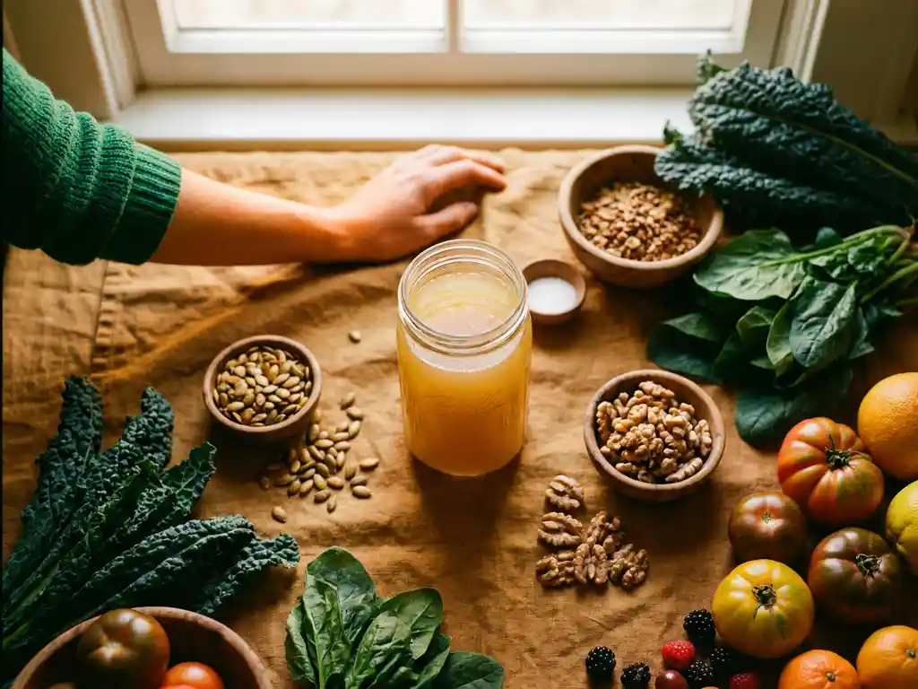 Kleurrijke flat-lay van pompoenpitten, walnoten en bladgroenten rond een pot gefermenteerde vloeistof voor een stralende huid.