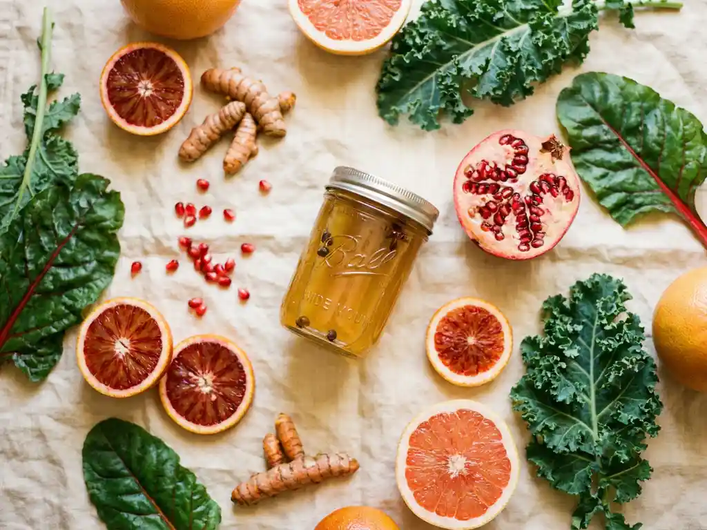 Kleurrijke groenten en fruit zoals kurkumawortel, granaatappelpitten, bladgroenten en citrusschijfjes op een linnen ondergrond met een potje gefermenteerde drank.