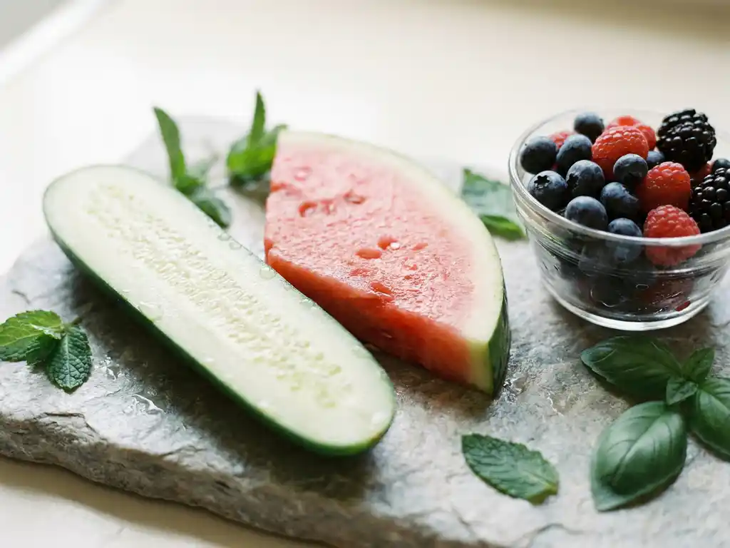 Doorgesneden komkommer en watermeloen op een stenen ondergrond naast een schaaltje gemengde bessen, met waterdruppels op het verse fruit.