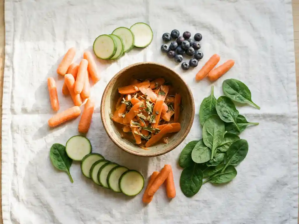 Kleurrijke flat lay van verse low-FODMAP groenten en fruit — wortels, courgette, blauwe bessen en spinazie — rond een keramieken schaaltje op wit linnen.