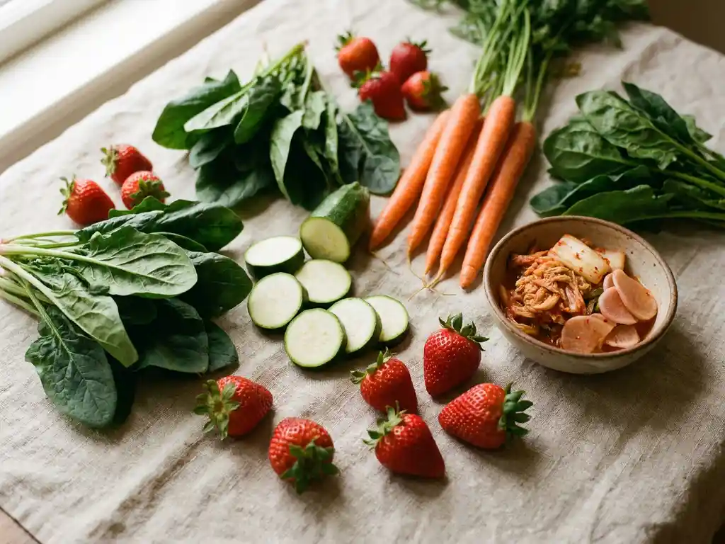 Kleurrijke flat-lay van verse low-FODMAP groenten en fruit — wortels, courgette, aardbeien en spinazie — op linnen met een keramisch schaaltje gefermenteerde ingrediënten.