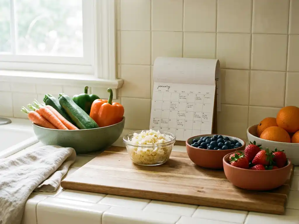 Kleurrijke low-FODMAP groenten en fruit op wit keukenoppervlak met een glazen kommetje gefermenteerde ingrediënten en kalender op de achtergrond.