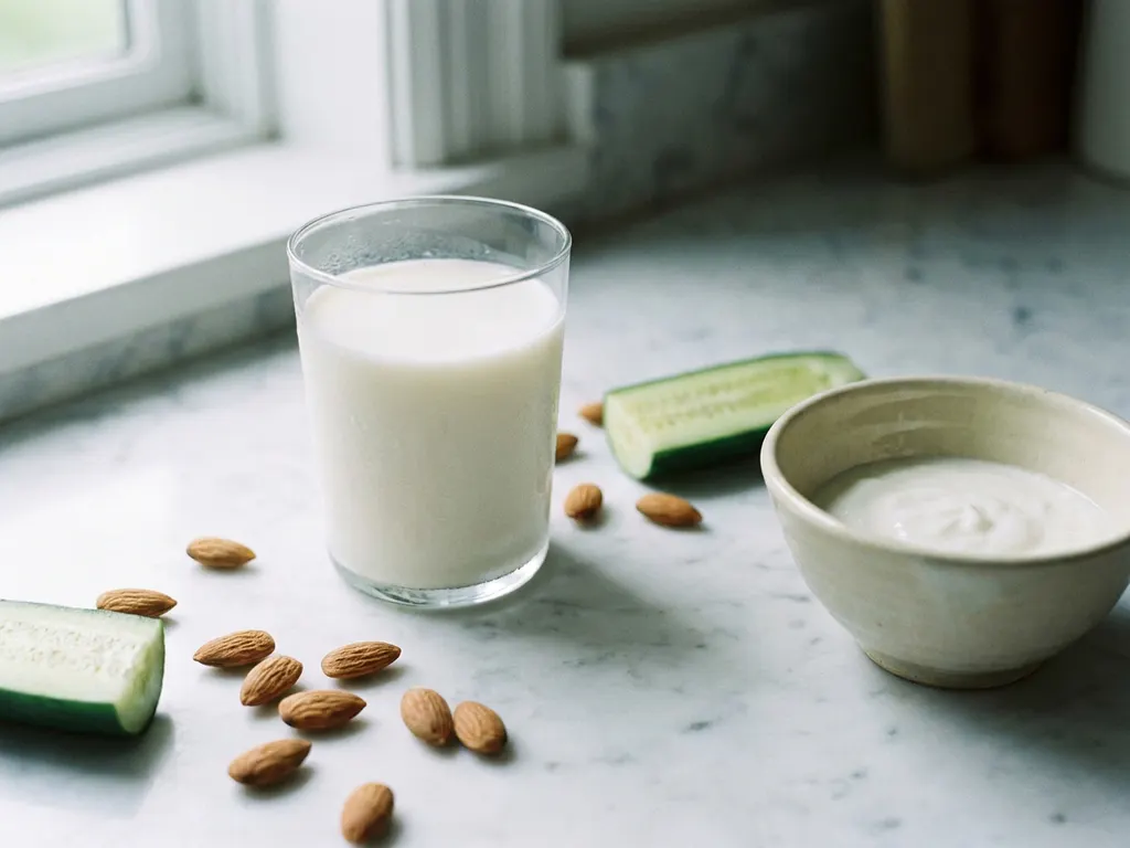 Glas verse melk op marmeren ondergrond met rauwe amandelen, komkommer en een kommetje yoghurt in natuurlijk daglicht.