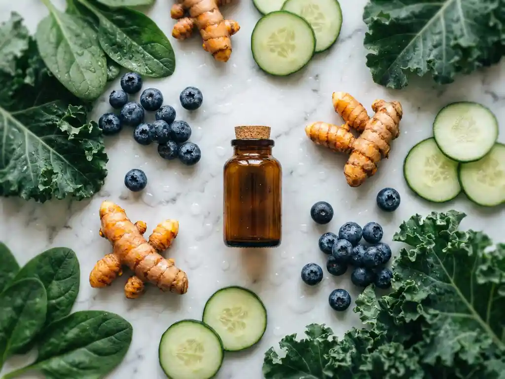 Verse ontstekingsremmende voeding zoals bosbessen, bladgroenten, kurkumawortel en komkommer rond een amber glazen supplement fles op wit marmer.