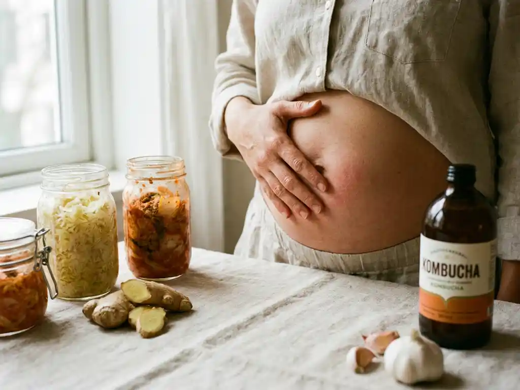 Opgezwollen buik met hand erop, omringd door gefermenteerde groenten, gemberwortel en probiotische ingrediënten op linnen ondergrond.