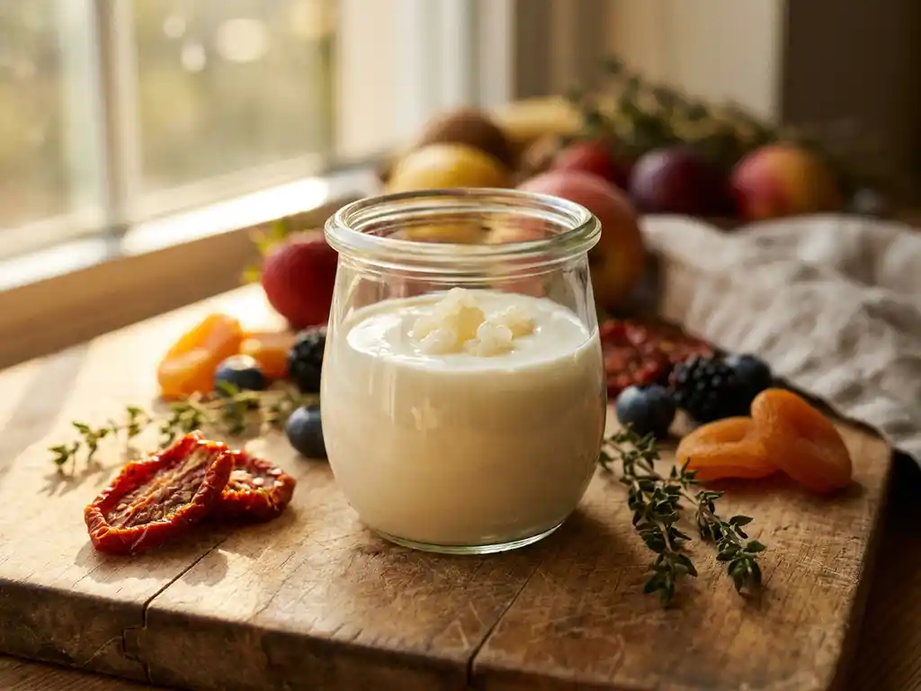 Klein glazen potje met romige probiotische yoghurt en verse kefirkorrels op rustiek houten oppervlak, omringd door fruit en gedroogde groenten.