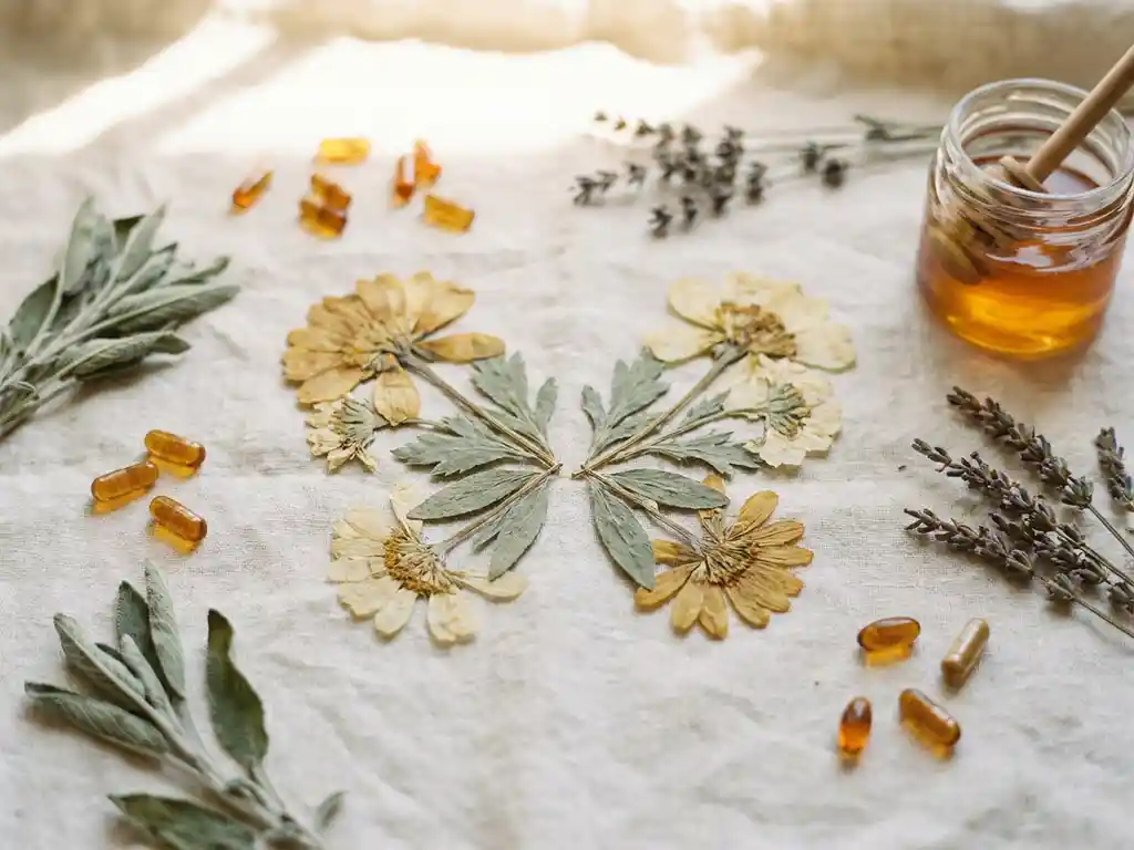 Twee symmetrisch gerangschikte gedroogde bloemen in vlindervorm op linnen, omringd door amberkleurige supplementcapsules en gedroogde kruiden.