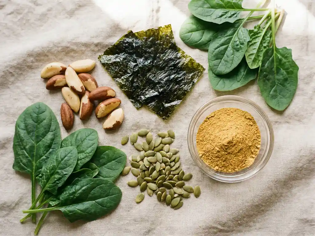Flat lay van schildklier-ondersteunende voeding: Braziliaanse noten, zeewier, pompoenpitten en spinazie op linnen ondergrond.
