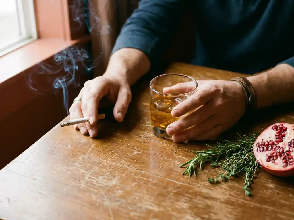 Twee handen op verweerd hout, één met brandende sigaret, één met glas whisky, naast granaatappel en verse kruiden.