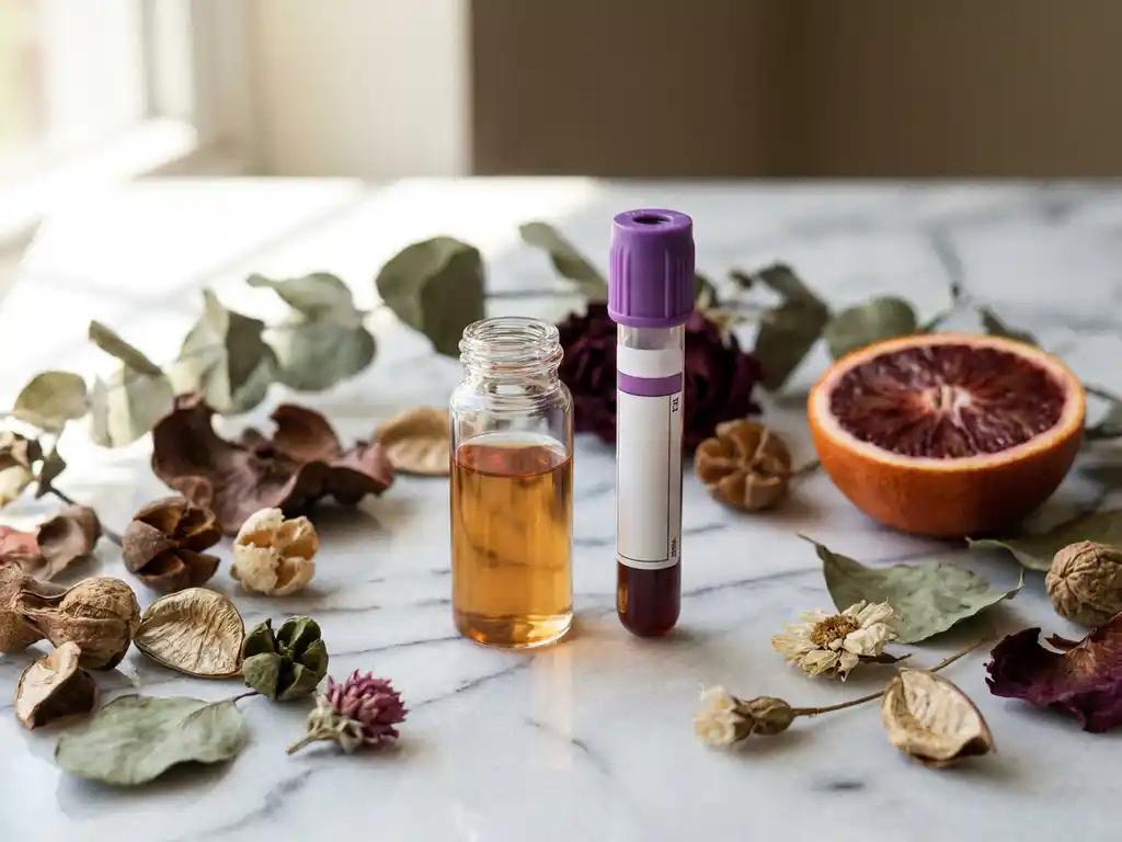 Glazen flesje met speekselmonster en bloedafnamebuis op wit marmer, omringd door gedroogde botanicals en een halve citroen.