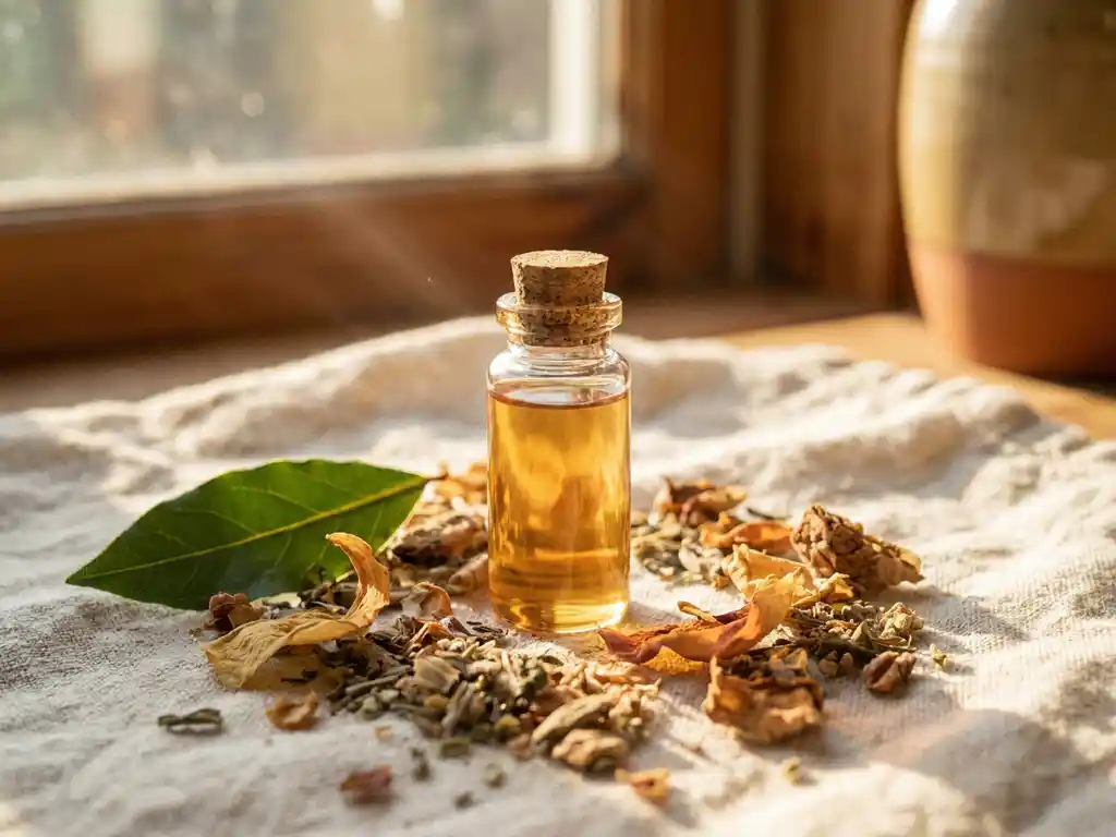 Klein glazen flesje met amberkleurige vloeistof naast gedroogde botanicals en gefermenteerde kruiden op linnen doek in warm ochtendlicht.