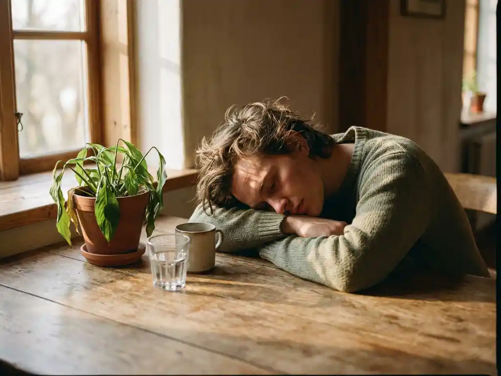 Uitgeputte persoon met hoofd op houten tafel naast een glas water, verwelkte plant op de achtergrond, warm middagzonlicht.