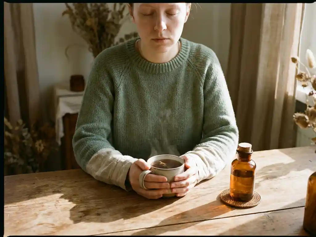 Vermoeide persoon met gesloten ogen aan houten tafel, handen om warme kruidenthee, flesje natuurlijke supplementen op de achtergrond, zacht ochtendlicht.