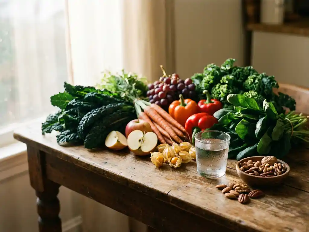 Kleurrijke groenten, bladgroenten en fruit op houten tafel met glas water en noten in zacht ochtendlicht.