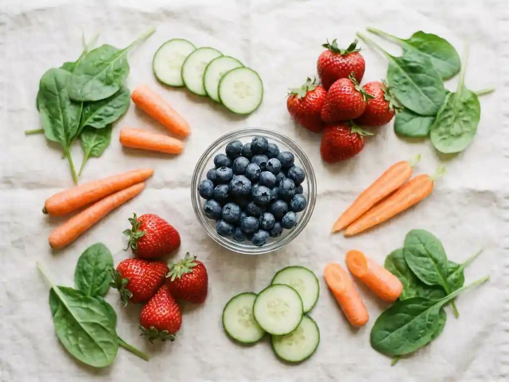 Kleurrijke flat-lay van verse low-FODMAP groenten en fruit: aardbeien, wortels, komkommer, spinazie en blauwe bessen op linnen ondergrond.
