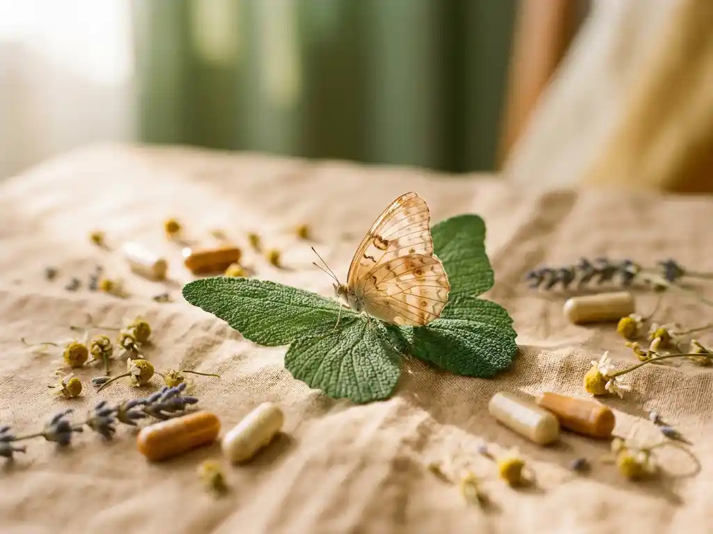 Vlinder op groen blad omringd door gedroogde kruiden en natuurlijke supplementcapsules op linnen, gouden ochtendlicht.
