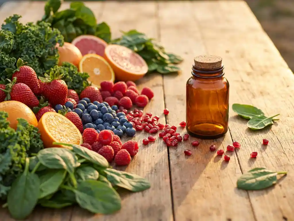 Verse bessen, citrusschijfjes en bladgroenten op een houten marktttafel, vloeiend overgaand in een amber glazen supplement fles, gouden uurlicht.