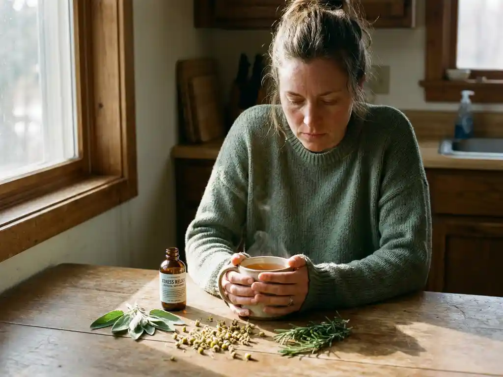 Vrouw met gespannen schouders aan houten tafel, handen om warme kruidenthee, natuurlijk supplement en verse kruiden in zacht ochtendlicht.