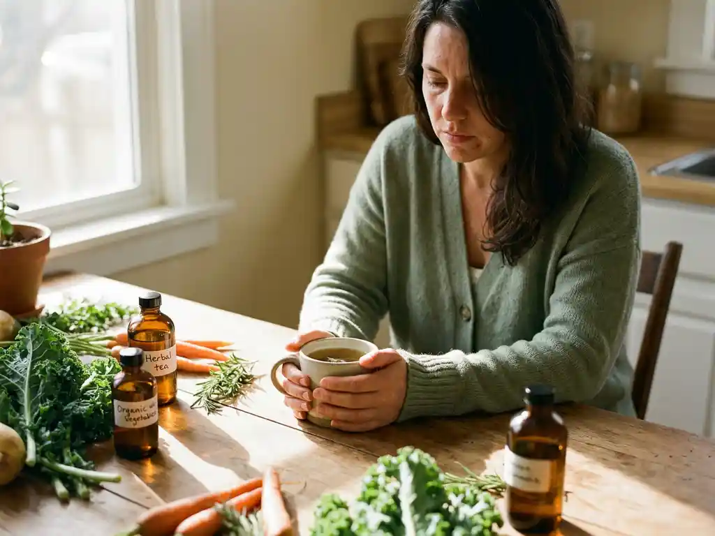 Vrouw aan houten keukentafel met kruidenthee, verse groenten, kruiden en amber supplementflesjes in warm ochtendlicht.
