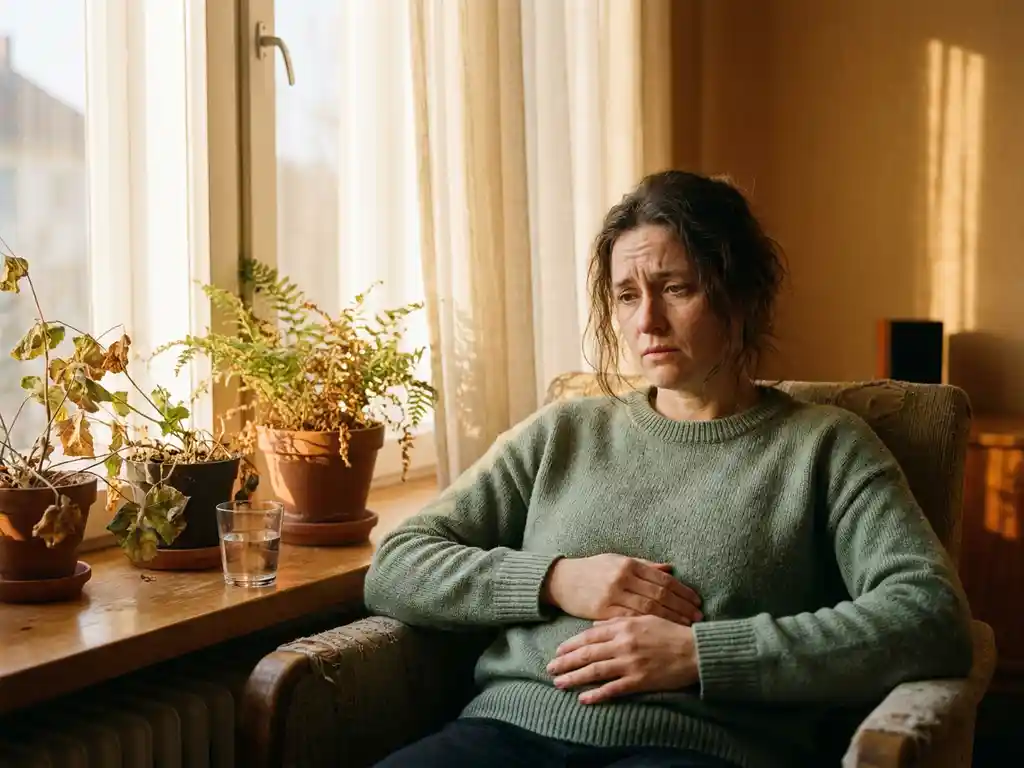 Vrouw bij zonnig raam met handen op buik, vermoeide uitdrukking, omringd door botanische elementen en een glas water in warm ochtendlicht.