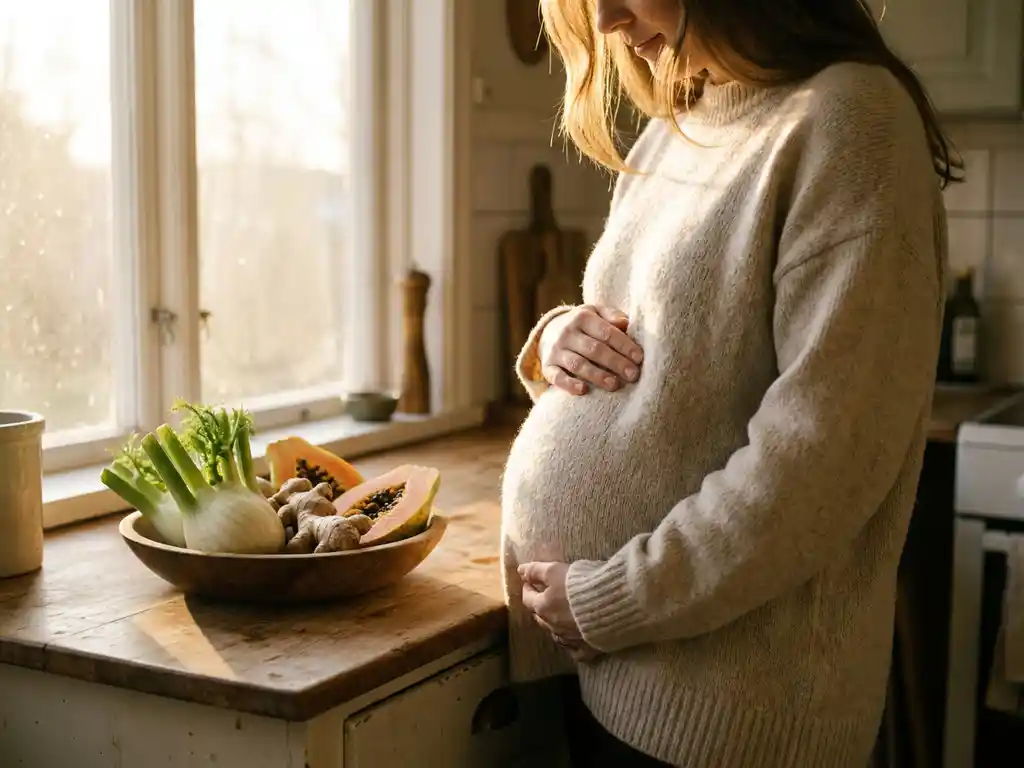 Vrouw die haar buik vasthoudt in zonnige keuken, met venkel, gemberwortel en papaja in houten schaal op aanrecht.